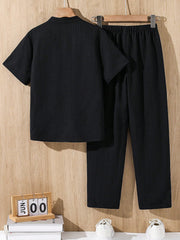 2pcs Boys Textured Linen Shirt & Straight Trousers Set - Onyx | 21 ...