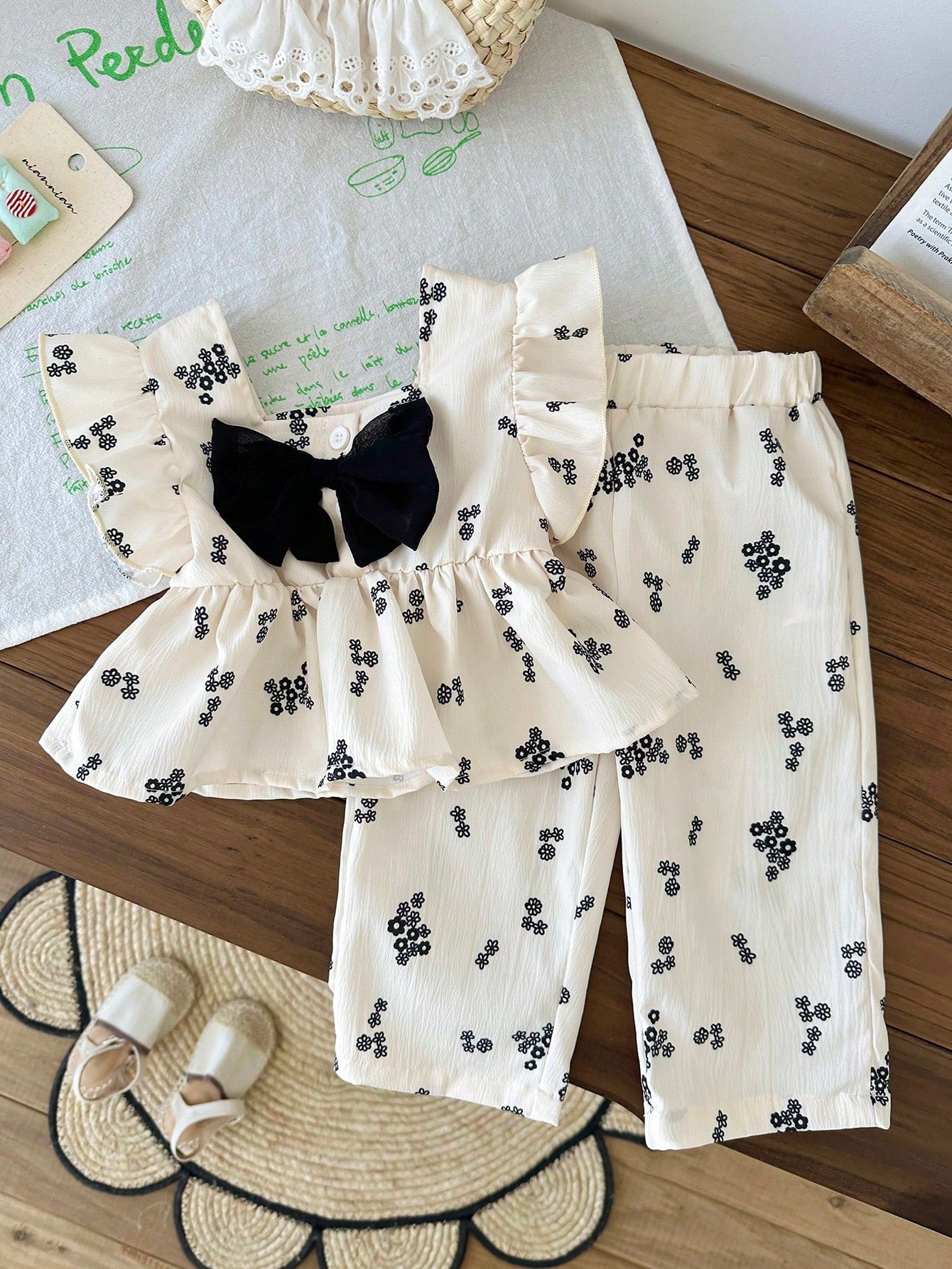 2pcs Girls Floral Ruffle Peplum Top & Pants Set - Ecru | 21 Century...