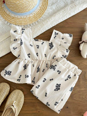 2pcs Girls Floral Ruffle Peplum Top & Pants Set - Ecru | 21 Century...