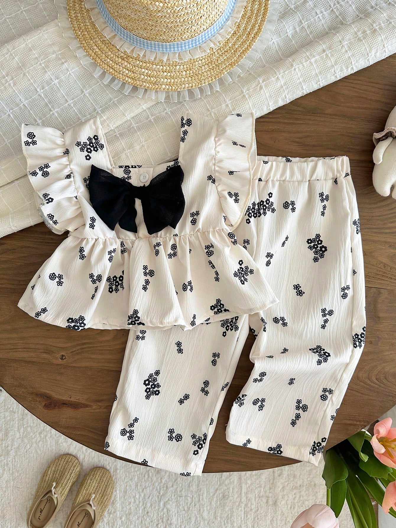 2pcs Girls Floral Ruffle Peplum Top & Pants Set - Ecru | 21 Century...