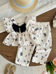 2pcs Girls Floral Ruffle Peplum Top & Pants Set - Ecru | 21 Century...
