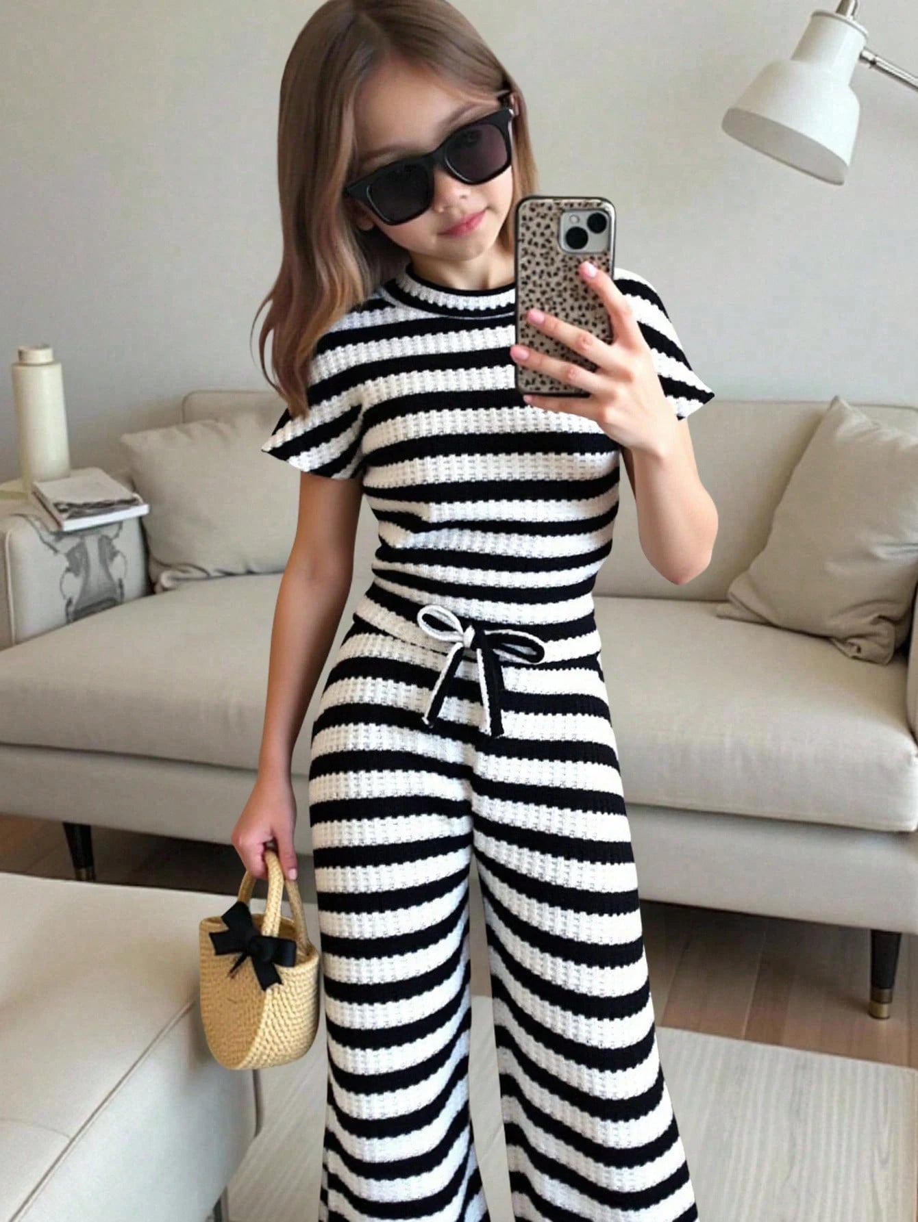 2pcs Girls Striped Waffle Knit Crop Top & Wide-Leg Pants Set - Ivor...