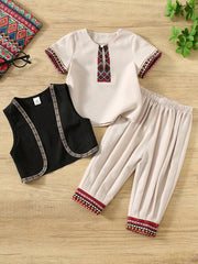 3pcs Boys Geometric Embroidered Vest, Shirt & Trouser Set - Isabelline