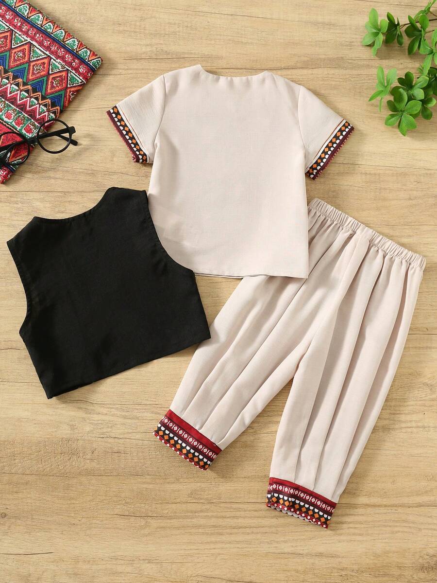 3pcs Boys Geometric Embroidered Vest, Shirt & Trouser Set - Isabelline