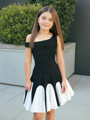 Big Girls Asymmetric One-Shoulder Colourblock Skater Dress - Onyx |...