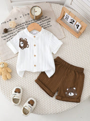 2pcs Boys Bear Appliqué Button Shirt & Shorts Set - Ivory