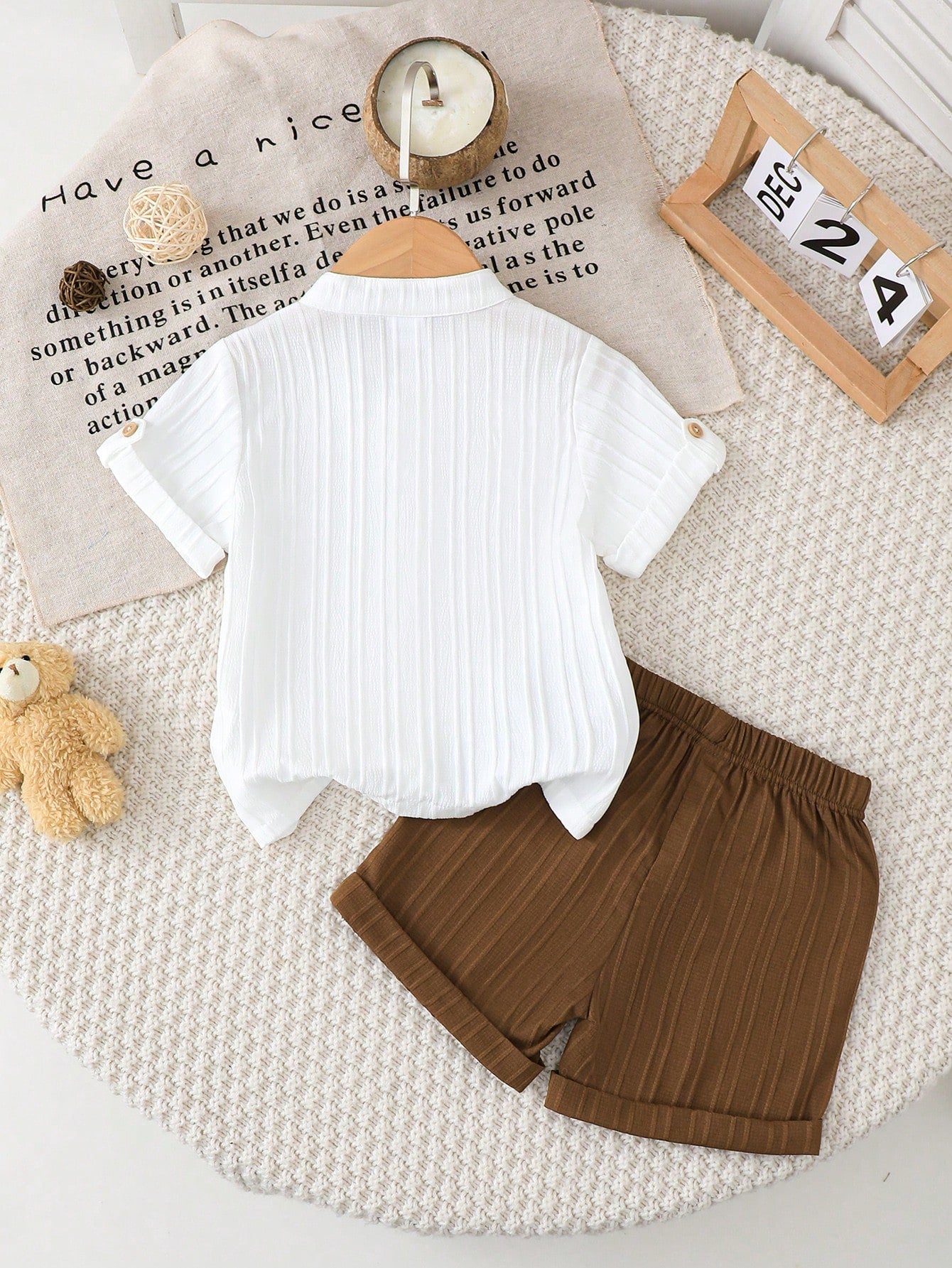 2pcs Boys Bear Appliqué Button Shirt & Shorts Set - Ivory