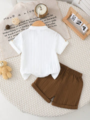 2pcs Boys Bear Appliqué Button Shirt & Shorts Set - Ivory