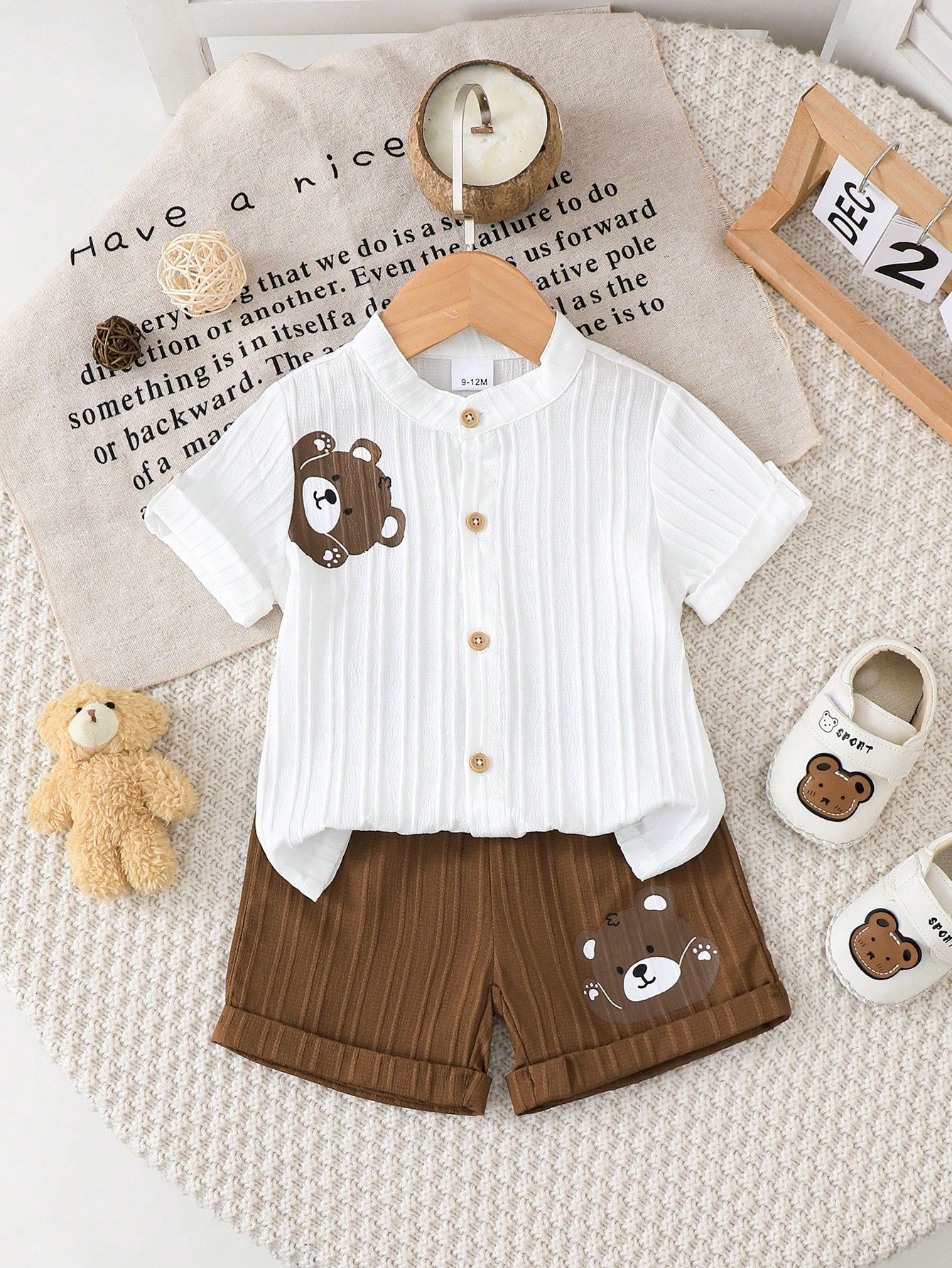 2pcs Boys Bear Appliqué Button Shirt & Shorts Set - Ivory