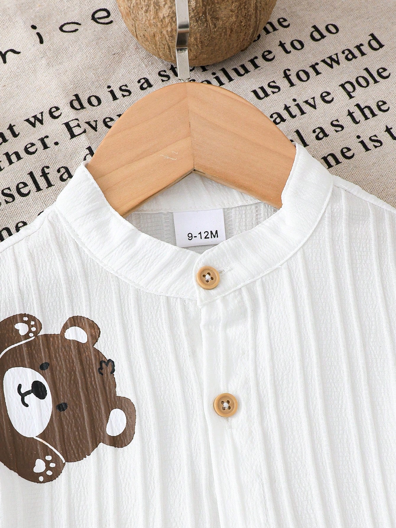2pcs Boys Bear Appliqué Button Shirt & Shorts Set - Ivory