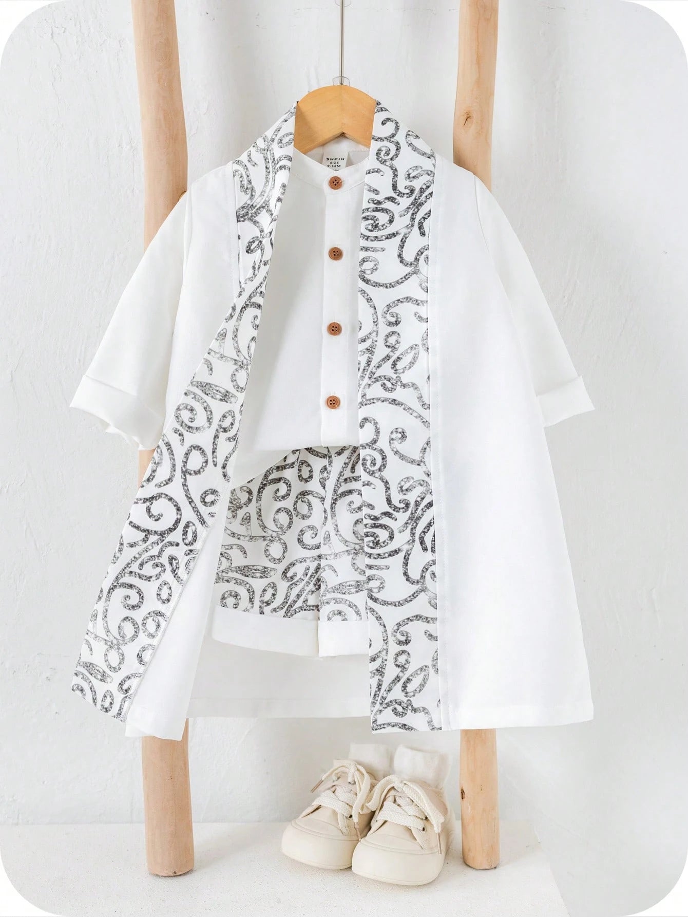 3pcs Boys Baroque Print Robe, Shirt & Shorts Set - Ivory | 21 Centu...