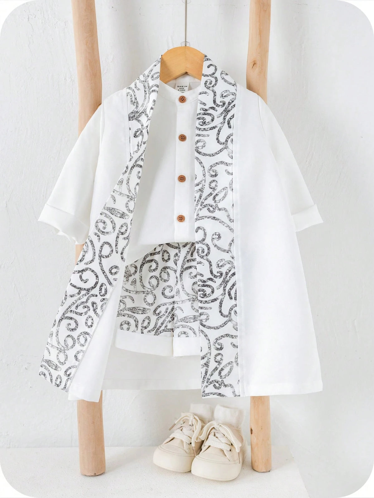 3pcs Boys Baroque Print Robe, Shirt & Shorts Set - Ivory | 21 Centu...