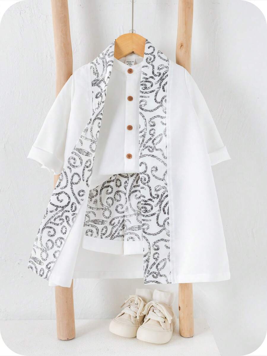 3pcs Boys Baroque Print Robe, Shirt & Shorts Set - Ivory | 21 Centu...