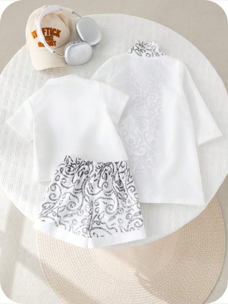 3pcs Boys Baroque Print Robe, Shirt & Shorts Set - Ivory | 21 Centu...