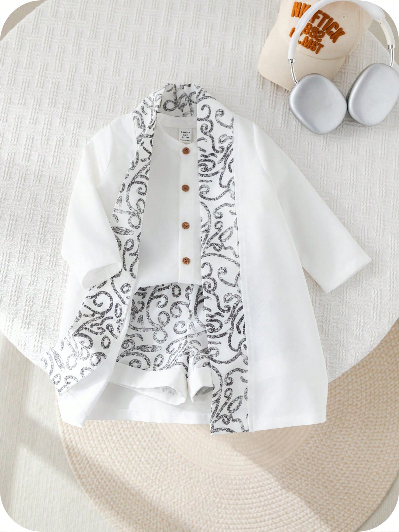 3pcs Boys Baroque Print Robe, Shirt & Shorts Set - Ivory | 21 Centu...