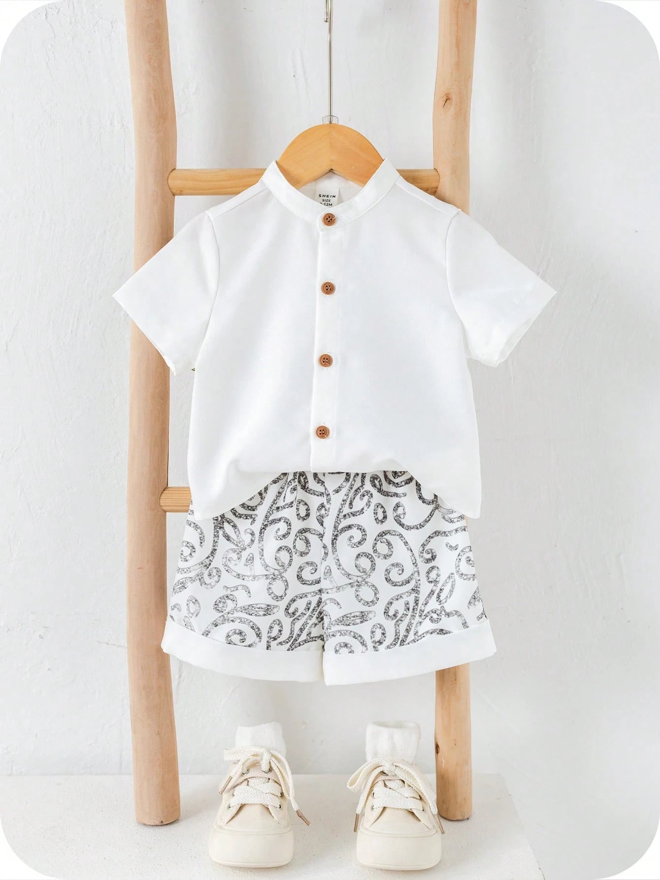 3pcs Boys Baroque Print Robe, Shirt & Shorts Set - Ivory | 21 Centu...