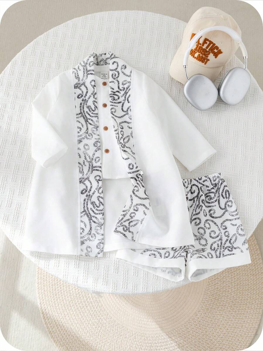 3pcs Boys Baroque Print Robe, Shirt & Shorts Set - Ivory | 21 Centu...