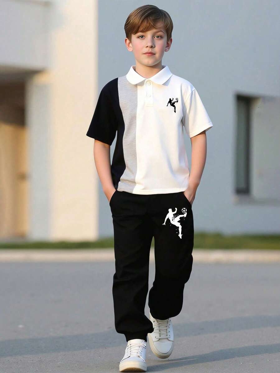2pcs Boys Cartoon Print Polo Shirt & Pants Set - Ivory