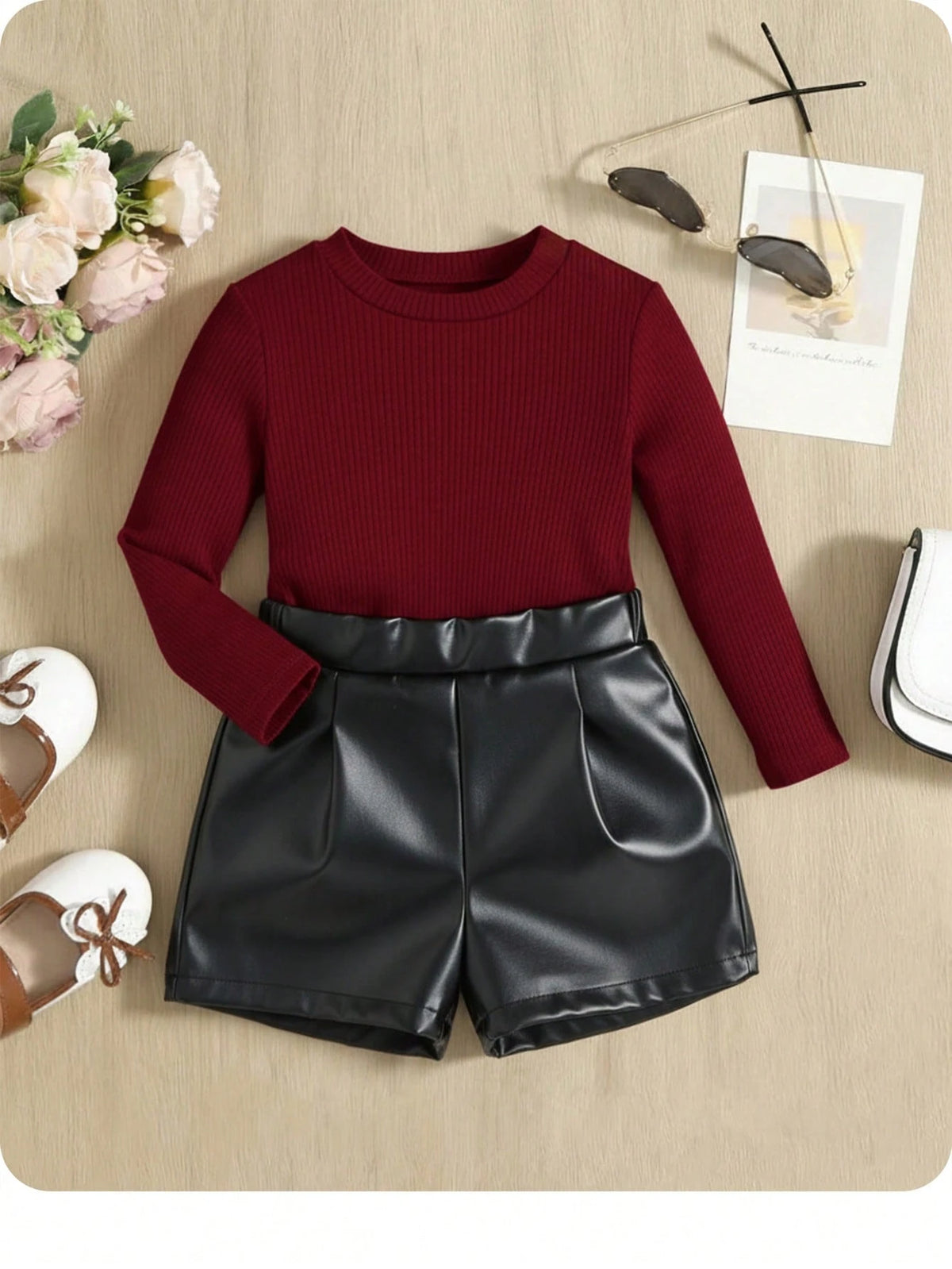 2pcs Girls Ribbed Knit Top & Faux Leather Shorts Set - Crimson | 21...