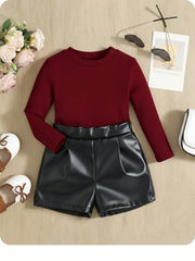 2pcs Girls Ribbed Knit Top & Faux Leather Shorts Set - Crimson | 21...
