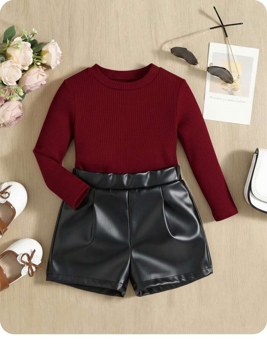 2pcs Girls Ribbed Knit Top & Faux Leather Shorts Set - Crimson | 21...