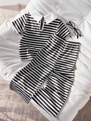 2pcs Girls Striped Peter Pan Collar Top & Wide-Leg Pants Set - Onyx...