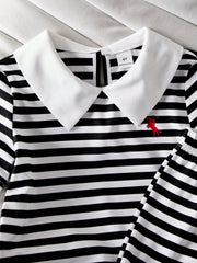 2pcs Girls Striped Peter Pan Collar Top & Wide-Leg Pants Set - Onyx...