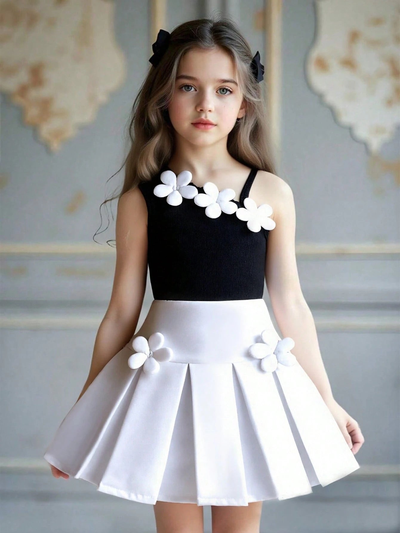 2pcs Girls 3D Floral Asymmetric Ribbed Top & Pleated Skirt Set - On...