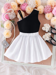 2pcs Girls 3D Floral Asymmetric Ribbed Top & Pleated Skirt Set - On...