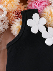 2pcs Girls 3D Floral Asymmetric Ribbed Top & Pleated Skirt Set - On...