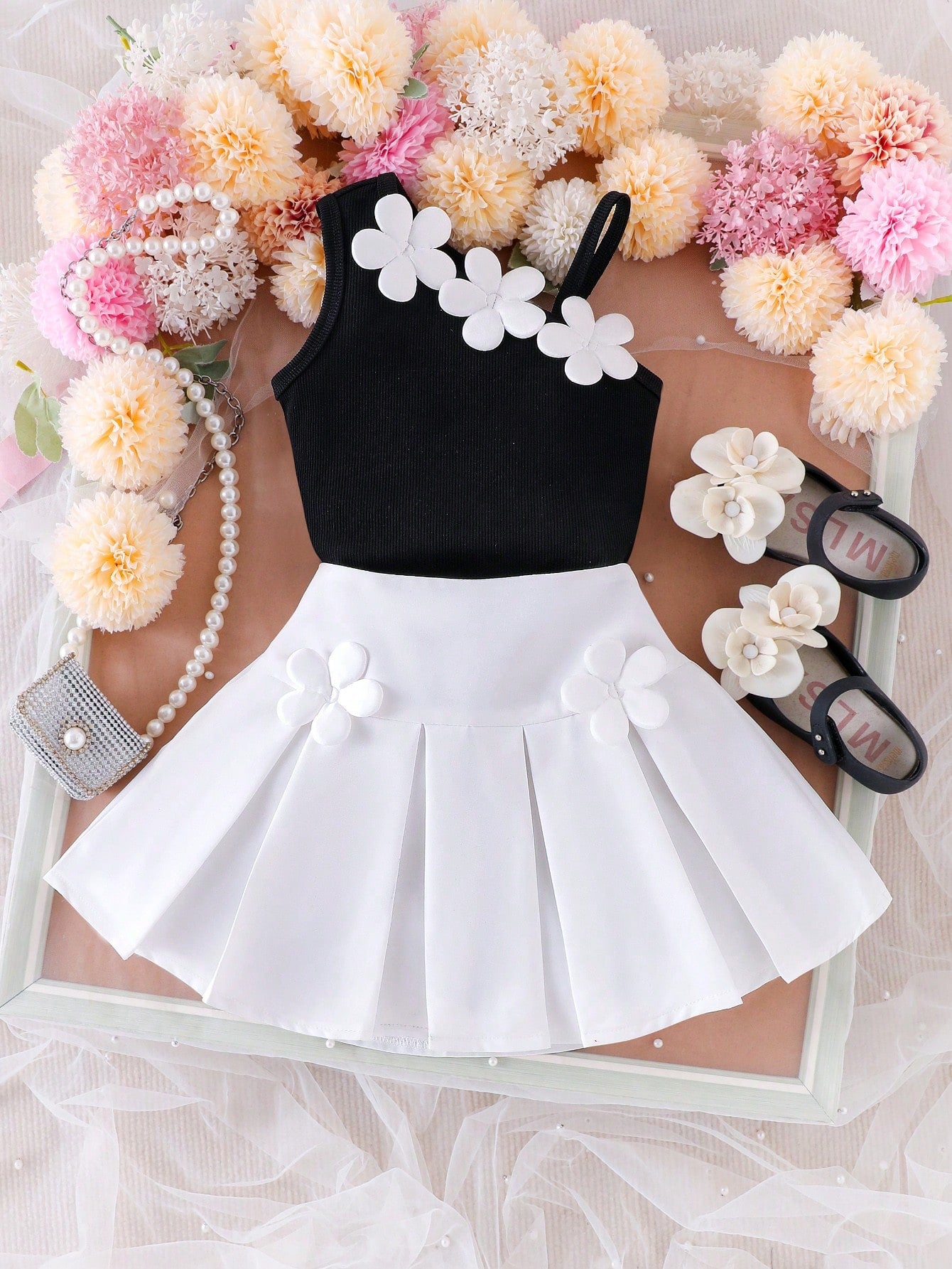 2pcs Girls 3D Floral Asymmetric Ribbed Top & Pleated Skirt Set - On...