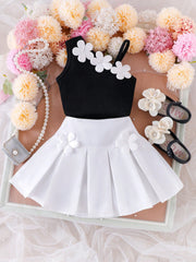 2pcs Girls 3D Floral Asymmetric Ribbed Top & Pleated Skirt Set - On...