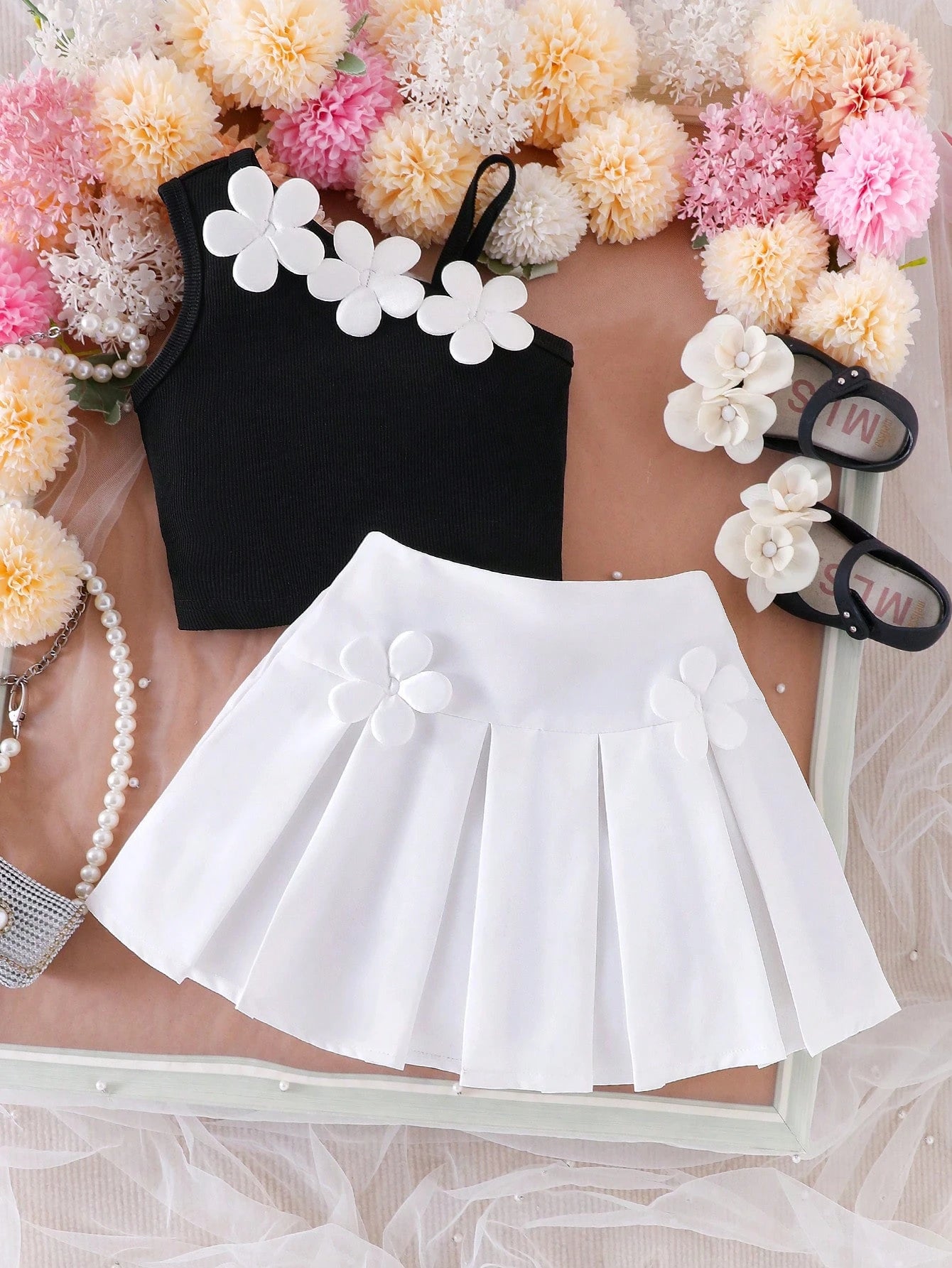 2pcs Girls 3D Floral Asymmetric Ribbed Top & Pleated Skirt Set - On...