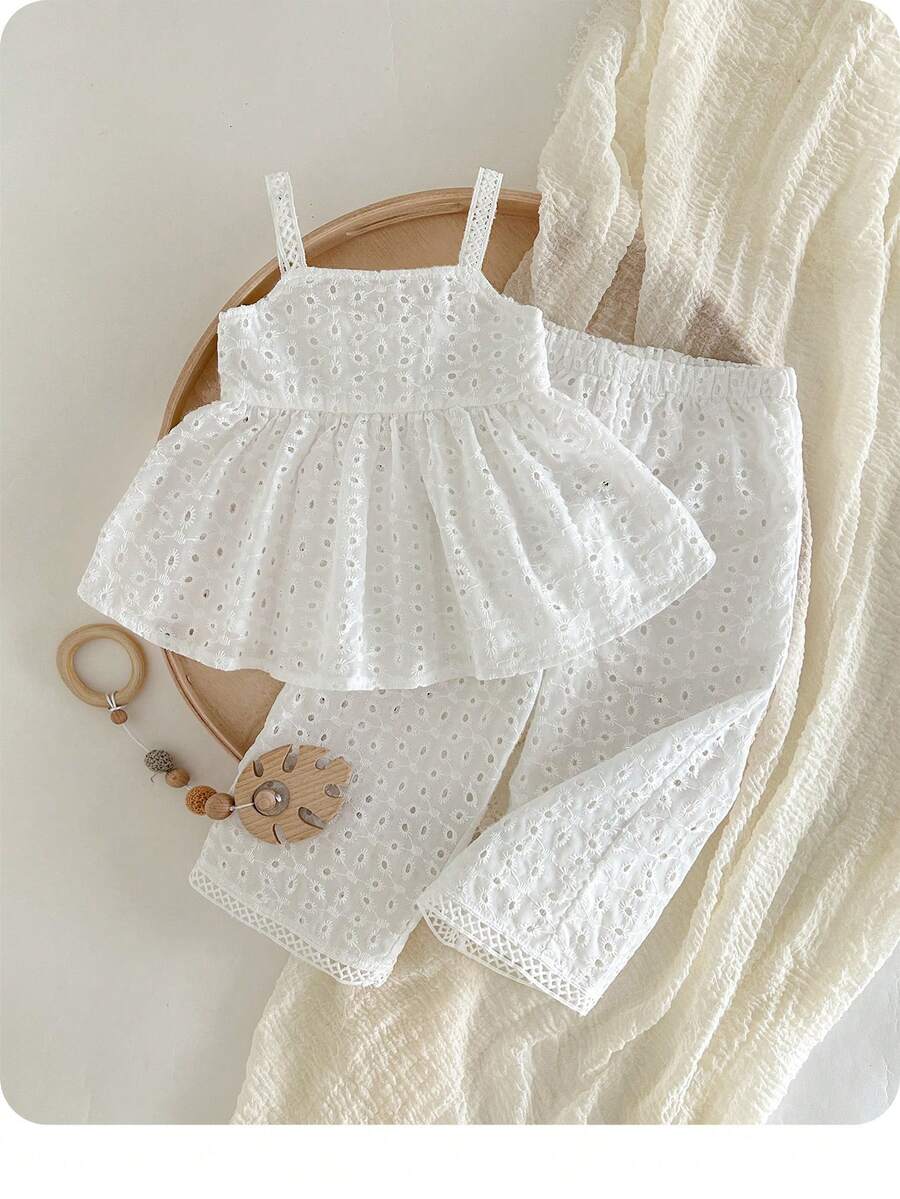 2pcs Girls Daisy Eyelet Cami Top & Wide-Leg Pants Set - Ivory | 21 ...