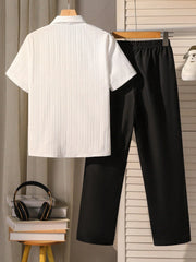 2pcs Big Boys Textured Shirt & Wide-Leg Trousers Set - Ivory | 21 C...