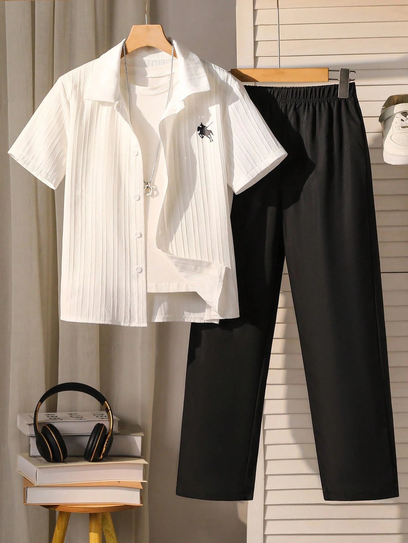 2pcs Big Boys Textured Shirt & Wide-Leg Trousers Set - Ivory | 21 C...