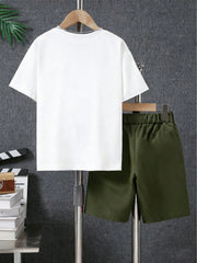 2pcs Boys Soccer Graphic Tee & Cargo Shorts Set - Multi
