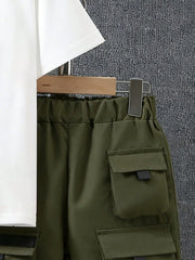 2pcs Boys Soccer Graphic Tee & Cargo Shorts Set - Multi