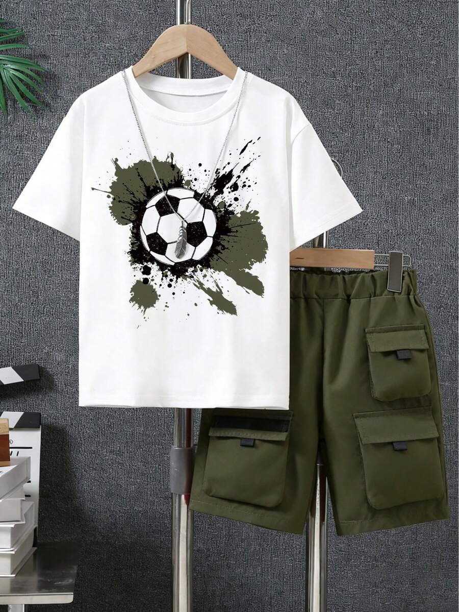 2pcs Boys Soccer Graphic Tee & Cargo Shorts Set - Multi