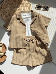2pcs Boys Striped Resort Collar Shirt & Shorts Set - Taupe