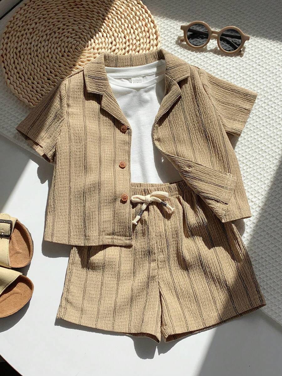 2pcs Boys Striped Resort Collar Shirt & Shorts Set - Taupe