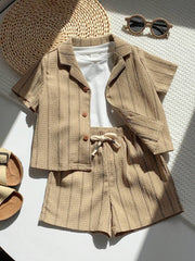 2pcs Boys Striped Resort Collar Shirt & Shorts Set - Taupe