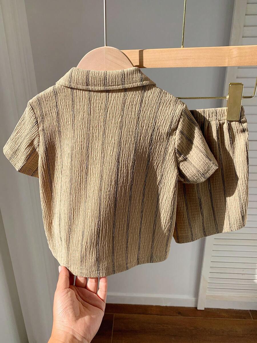 2pcs Boys Striped Resort Collar Shirt & Shorts Set - Taupe