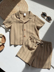 2pcs Boys Striped Resort Collar Shirt & Shorts Set - Taupe