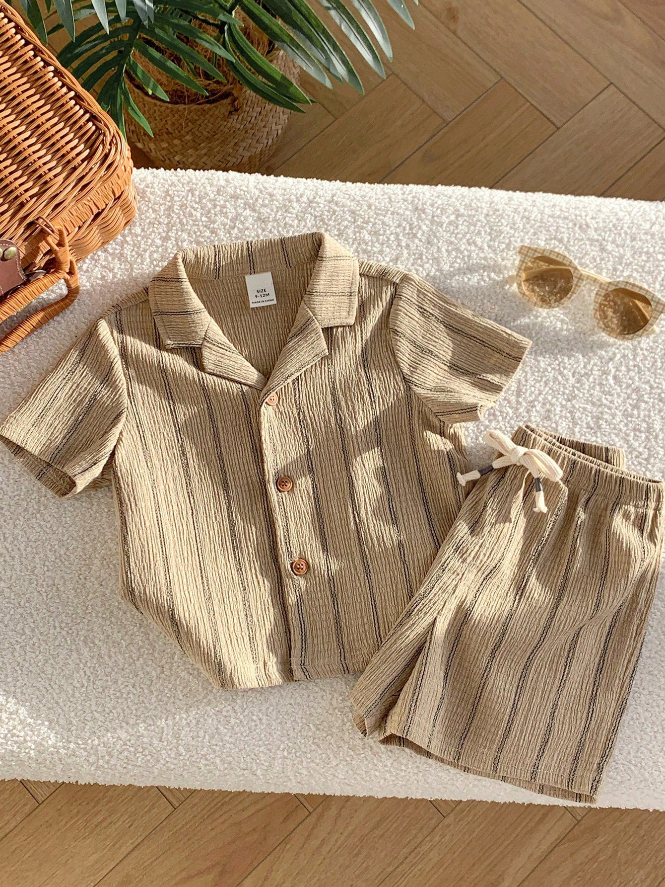 2pcs Boys Striped Resort Collar Shirt & Shorts Set - Taupe