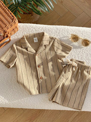 2pcs Boys Striped Resort Collar Shirt & Shorts Set - Taupe