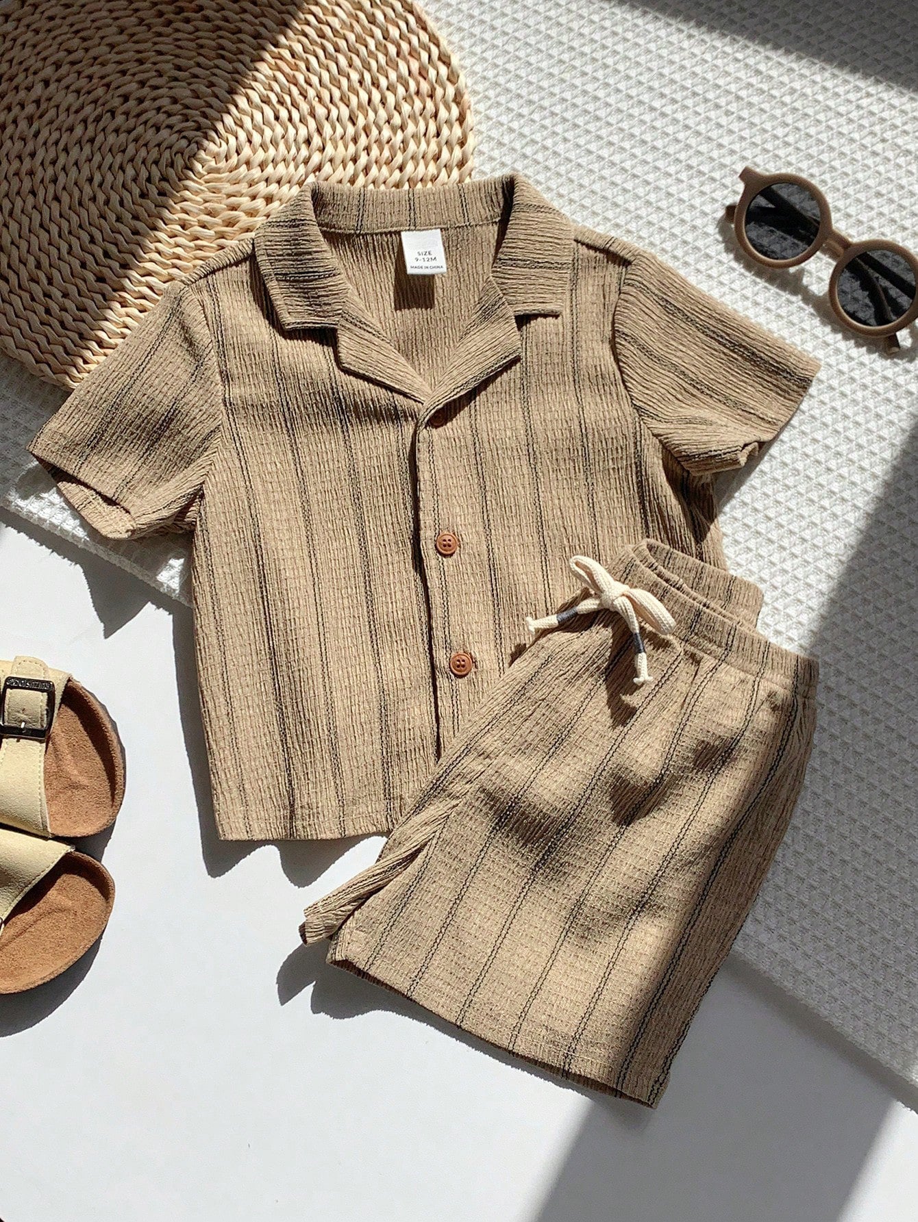 2pcs Boys Striped Resort Collar Shirt & Shorts Set - Taupe