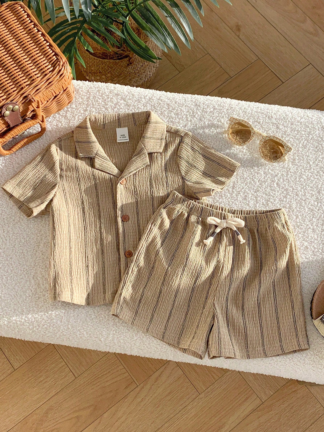 2pcs Boys Striped Resort Collar Shirt & Shorts Set - Taupe