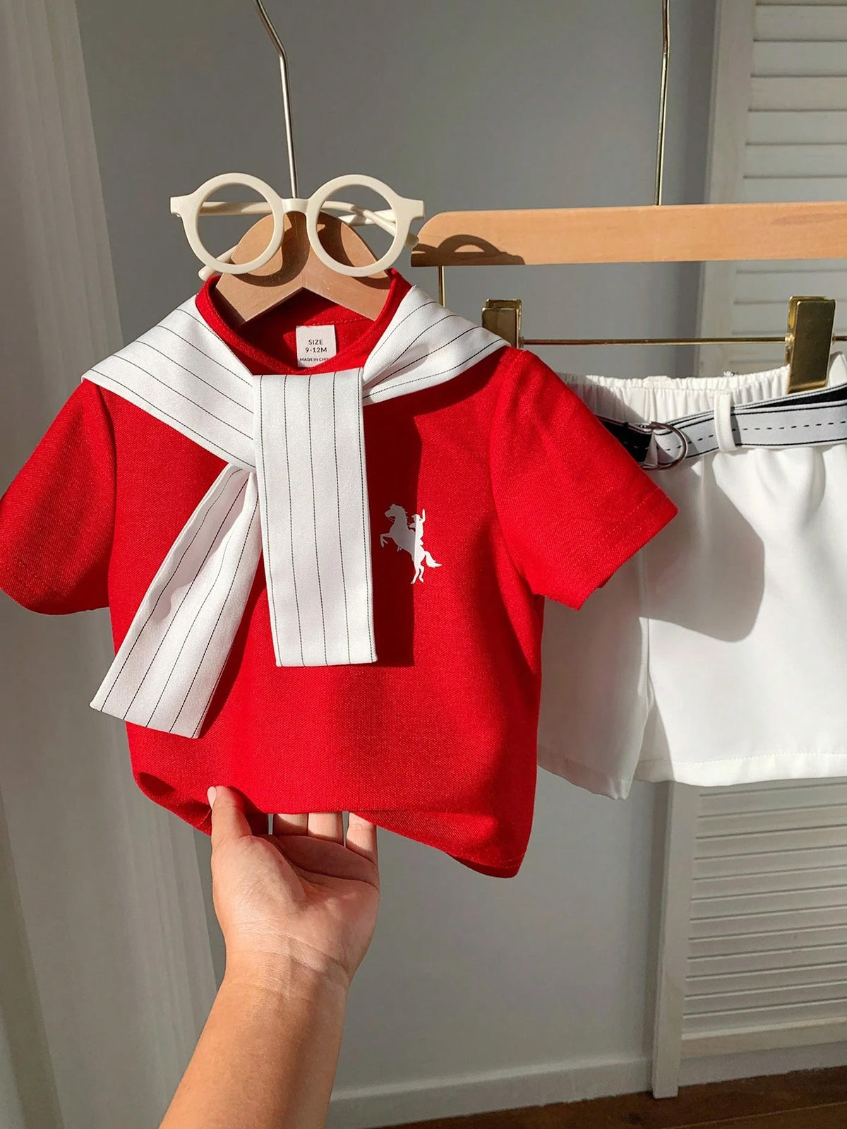 3pcs Boys Polo Shirt, Striped Shawl & Belted Shorts Set - Scarlet