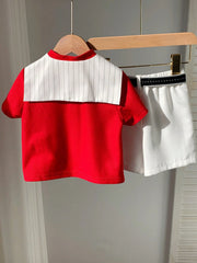 3pcs Boys Polo Shirt, Striped Shawl & Belted Shorts Set - Scarlet